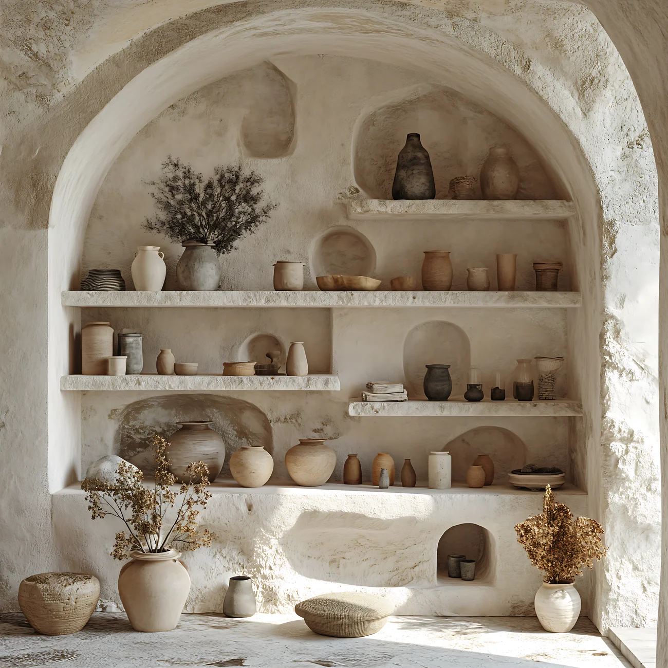 Elegant display of ceramic pottery on rustic stone shelves in a sunlit, arched alcove